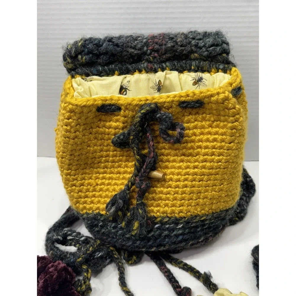 UNIQUE‎ Crochet Backpack W/hair Ties 70s Festival Hippie Blue-Yellow Boho Bag